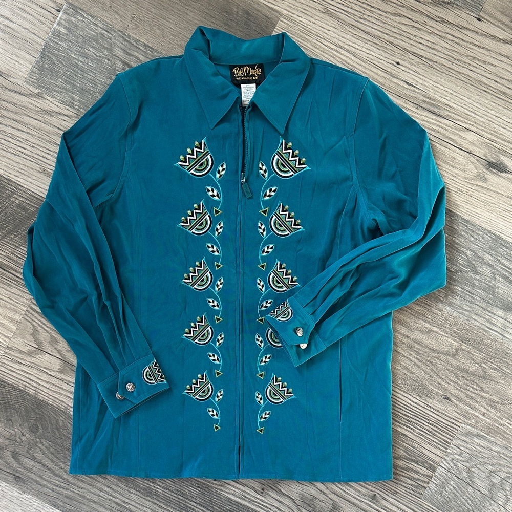 Bob Mackie wearable art Turquoise floral Embroidered Jacket size medium